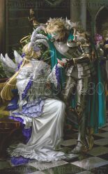  1girl 3boys albedo_(genshin_impact) angel_wings arm_guards armor artist_name bare_shoulders black_gloves blonde_hair blue_ribbon breastplate chainmail chair commentary_request cuisses dragon_horns dress durin_(genshin_impact) faulds feathered_wings fingerless_gloves frilled_dress frills full_armor genshin_impact gloves greaves hair_ribbon halo hand_fan highres holding holding_fan holding_hands horns lluluchwan long_dress long_hair looking_at_another mask multiple_boys nicole_(genshin_impact) off-shoulder_dress off_shoulder pauldrons poleyn purple_hair ribbon sabaton short_hair shoulder_armor sitting smile tile_floor tiles varka_(genshin_impact) white_dress white_gloves white_wings wings 