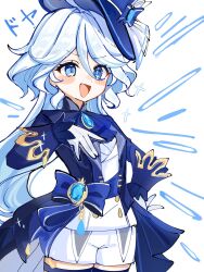  1girl ahoge ascot blue_eyes blue_hair blue_hat blue_jacket blue_thighhighs drop-shaped_pupils furina_(genshin_impact) genshin_impact gloves hair_between_eyes hat heterochromia highres jacket long_hair long_sleeves multicolored_hair open_mouth shorts simple_background solo sparkle symbol-shaped_pupils thigh-highs top_hat watari_0208 white_background white_gloves white_hair white_shorts 