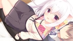  1boy 1girl animal_ears black_pants black_skirt blush bow brown_hair cat_ears collarbone collared_shirt dutch_angle faceless faceless_male game_asset grey_vest hair_between_eyes hair_bow inae_koron indoors koi_ni_kanmi_o_soete long_hair long_sleeves miyasaka_miyu miyasaka_naco neck_ribbon open_mouth pants pleated_skirt red_eyes ribbon shirt sitting sitting_on_person skirt sleeves_past_wrists vest white_hair white_shirt wooden_floor yellow_bow 