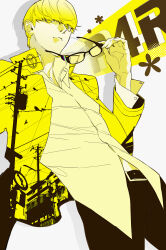  1boy absurdres gakuran glasses hamra_(hamcommis) highres male_focus narukami_yu peace_symbol persona persona_4 persona_4_revival round_eyewear school_uniform solo unworn_eyewear yasogami_school_uniform yellow_theme 