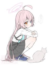  1girl ahoge anzu_ame black_skirt blue_archive blue_eyes blue_necktie blue_shoes blush cat chest_harness closed_mouth commentary_request cross-laced_shoes crossed_arms dress_shirt from_side grey_cat hair_between_eyes halo harness heterochromia highres hoshino_(blue_archive) leaning_forward long_hair long_sleeves miniskirt necktie pink_hair pink_halo pleated_skirt shirt shoes sidelocks simple_background skirt sneakers solo speech_bubble squatting thought_bubble translation_request very_long_hair white_background white_shirt yellow_eyes 