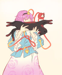  >_< 1girl absurdres animal animalization black_cat black_hairband blue_shirt buttons cat collared_shirt commentary disembodied_linked_eye eyeball floral_print frilled_shirt_collar frilled_sleeves frills hair_ornament hairband heart heart_button heart_hair_ornament highres holding holding_animal holding_cat kaenbyou_rin komeiji_satori long_sleeves multiple_tails neat_ad4816 pink_eyes pink_hair pink_skirt print_skirt ribbon-trimmed_collar ribbon_trim rose_print shirt skirt tail touhou two_tails wide_sleeves 