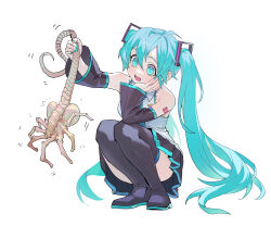  1girl 1other absurdres alien_(series) aqua_eyes aqua_hair aqua_nails aqua_necktie aqua_trim bare_shoulders black_boots black_sleeves boots commentary_request creature detached_sleeves facehugger fingernails hair_between_eyes hair_ornament hatsune_miku head_on_hand head_tilt highres holding holding_another's_tail holding_creature long_hair looking_at_creature nail_polish necktie number_tattoo pleated_skirt shirt shoulder_tattoo simple_background skirt sleeveless sleeveless_shirt squatting tail tattoo thigh_boots thighs twintails very_long_hair vocaloid white_background white_shirt wide_sleeves wing_collar yunibobo 