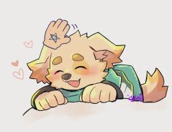  1boy animal_ears chibi chibi_only closed_eyes colored_tips commentary_request cu_sith_(housamo) disembodied_hand dog_boy dog_ears dog_tail fang floppy_ears furry furry_male green_jacket green_scarf hand_tattoo heart igarashi_(igarashi_ta) jacket male_focus multicolored_hair open_mouth scarf signature smile star_(symbol) tail tattoo tokyo_afterschool_summoners white_background 