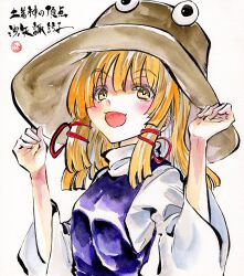  1girl blonde_hair blush breasts brown_hat commentary_request hair_ribbon hat highres kabaji long_hair long_sleeves looking_at_viewer moriya_suwako one-hour_drawing_challenge open_mouth purple_vest red_ribbon ribbon small_breasts smile solo touhou traditional_media translation_request tress_ribbon upper_body vest wide_sleeves yellow_eyes 