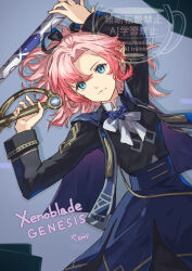 1girl aqua_eyes arm_up black_bow black_jacket black_skirt blue_capelet blue_ribbon blue_skirt bow capelet closed_mouth collared_shirt commentary copyright_name cowboy_shot from_above hair_bow hand_on_hilt highres holding holding_sheath holding_sword holding_weapon jacket layered_skirt light_smile long_sleeves looking_at_viewer lying medium_hair military_dress_uniform military_uniform neck_ribbon neckerchief on_back pink_hair pointy_ears protagonist_(xenoblade_genesis) ribbon scabbard sheath shirt signature skirt solo sword tassel twitter_username watermark weapon white_neckerchief white_shirt xenoblade_chronicles_(series) xenoblade_genesis yanagimachi 