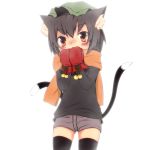  animal_ears bad_id brown_eyes brown_hair cat_ears cat_tail chen contemporary hat momo_michi multiple_tails scarf short_hair solo tail thigh-highs thighhighs touhou 