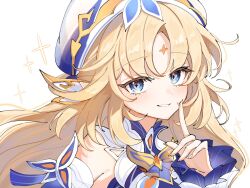  1girl blonde_hair blue_eyes blush commentary_request cross-shaped_pupils detached_sleeves facial_mark fingernails forehead_mark genshin_impact hand_up hat highres looking_at_viewer nicole_(genshin_impact) parted_bangs parted_lips simple_background sleeveless smile solo star_(symbol) star_facial_mark symbol-shaped_pupils upper_body watari_0208 white_background white_hat 