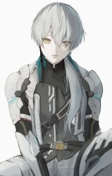  1boy absurdres artist_name commentary_request gi_ra1 grey_hair hair_between_eyes highres knee_up legs_apart long_hair looking_at_viewer male_focus mechanical_arms mole mole_under_mouth parted_lips punishing:_gray_raven simple_background sitting solo wanshi:_lucid_dreamer_(pgr) wanshi_(pgr) white_background yellow_eyes 