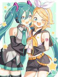  2girls akane_yuki_(yukito0306) aqua_eyes aqua_hair aqua_nails aqua_necktie bare_shoulders belt black_sailor_collar black_shorts black_sleeves blonde_hair blue_eyes bow breasts commentary detached_sleeves grey_shirt hair_bow hair_ornament hairclip hatsune_miku headphones headset highres holding_hands kagamine_rin long_hair looking_at_viewer multiple_girls neckerchief necktie number_tattoo one_eye_closed open_mouth parallel_hairclips sailor_collar shirt short_hair shorts small_breasts smile star_(symbol) tattoo treble_clef twintails very_long_hair vocaloid white_bow white_shirt yellow_belt yellow_nails yellow_neckerchief yellow_trim 