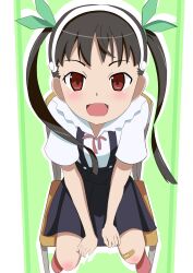  1girl bakemonogatari bandaid bandaid_on_knee bandaid_on_leg black_hair black_skirt chair commentary_request fang hachikuji_mayoi headband highres long_hair monogatari_(series) open_mouth red_hair shirt sitting skin_fang skirt suspender_skirt suspenders twintails user_wzer4724 white_headband white_shirt 