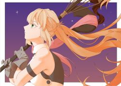  1girl arm_strap artoria_caster_(fate) artoria_caster_(first_ascension)_(fate) artoria_pendragon_(fate) bare_shoulders commentary fate/grand_order fate_(series) from_side gloves green_eyes grey_gloves holding holding_staff looking_up profile purple_sky sayu100cc sky solo staff star_(sky) twintails upper_body 