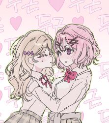  2girls amaori_renako ashigaya_high_school_uniform blush bow bowtie brown_hair closed_eyes collared_shirt commentary flower ggodul_abc grey_skirt hair_flower hair_ornament hand_on_another's_shoulder heart highres korean_text long_hair medium_hair multiple_girls neck_ribbon parted_lips pink_hair plaid_clothes plaid_skirt red_bow red_bowtie red_ribbon ribbon school_uniform sena_ajisai shirt skirt sweat translation_request violet_eyes watashi_ga_koibito_ni_nareru_wake_naijan_murimuri! white_shirt yuri 