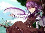  closed_eyes dress fingernails hat in_tree long_fingernails mikan_(ama_no_hakoniwa) mystia_lorelei open_mouth outstretched_arm pink_hair short_hair singing sitting sitting_in_tree solo touhou tree wings 