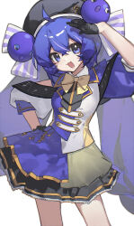  1girl :d absurdres ahoge animal_hair_ornament asymmetrical_sleeves bare_legs black_gloves black_hat blue_dress blue_eyes blue_hair bow bowtie chi_chi_(lofter_2016543390) chinese_commentary clothing_cutout collared_dress commentary cowboy_shot dress gloves gold_trim hair_between_eyes hair_bow half_gloves hand_on_own_hip hat highres long_hair looking_at_viewer mismatched_sleeves multicolored_hair musical_note musical_staff open_mouth otomachi_una puffy_sleeves shoulder_cutout simple_background smile solo standing streaked_hair synthesizer_v three-quarter_sleeves twintails two-tone_dress very_long_hair white_background white_dress yellow_bow yellow_bowtie 