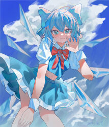  1girl :3 ahoge blue_bow blue_eyes blue_hair blue_skirt blue_sky blue_vest blush bow bowtie cirno closed_mouth clouds collared_shirt commentary_request dated day double-parted_bangs feet_out_of_frame firecracker_(user_kgxp3553) frilled_skirt frills hair_between_eyes hair_bow hand_up highres ice ice_wings looking_at_viewer midriff navel outdoors red_bow red_bowtie shirt short_hair short_sleeves skirt skirt_set sky solo standing tearing_up touhou vest white_shirt wings wrist_cuffs 