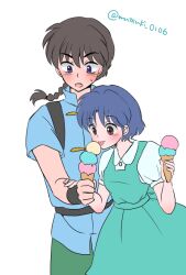  1boy 1girl :o aqua_dress black_hair blue_eyes blue_hair blush braid brown_eyes chinese_clothes commentary_request dress fuurinkan_high_school_uniform hanamutsuki hand_on_another's_wrist holding holding_ice_cream_cone ice_cream_cone licking_food open_mouth ranma_1/2 saotome_ranma saotome_ranma_(male) school_uniform short_hair single_braid tangzhuang tendou_akane tongue tongue_out white_background 