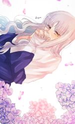  1girl bandaged_hand bandages blurry blurry_background caren_hortensia commentary_request fate/hollow_ataraxia fate_(series) highres long_hair nun petals praying sungoidekame white_background white_hair yellow_eyes 