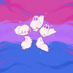  animal animal_focus artist_name bisexual_flag blue_background blush_stickers commentary english_commentary film_grain flag_background highres lgbt_pride looking_at_animal no_humans original pink_background procreate_(medium) purple_background rabbit red_eyes solid_oval_eyes sonshine_arts sparkle striped_background white_rabbit_(animal) 