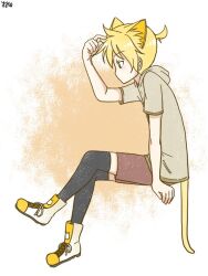  1boy animal_ear_fluff animal_ears black_thighhighs blonde_hair boots border brown_shorts cat_boy cat_ears cat_tail commentary_request double-parted_bangs fading_border from_side full_body g_hana green_eyes grey_jacket hair_between_eyes hood hooded_jacket invisible_chair jacket kagamine_len kemonomimi_mode korean_commentary male_focus orange_background ponytail short-sleeved_jacket short_hair short_ponytail short_sleeves shorts sidelocks signature sitting solo tail thigh-highs vocaloid white_boots white_border zettai_ryouiki 