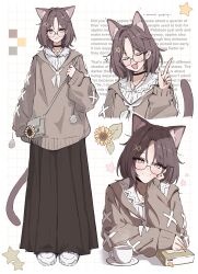  1girl absurdres animal_ear_fluff animal_ears black_choker book brown_hair brown_skirt brown_sweater cat_ears cat_girl cat_tail choker commentary cup english_text flower flower_symbol full_body glasses grid_background head_rest highres jewelry long_skirt looking_at_viewer medium_hair multiple_views necklace original oriyos pink_eyes saucer shirt shoes skirt star_(symbol) sunflower sweater tail untranslatable_commentary wall_of_text white_shirt white_shoes 
