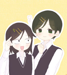  2girls black_eyes black_hair blush collared_shirt commentary_request futsuu_no_keion-bu green_eyes green_hair hair_ornament hairclip hatono_chihiro height_difference imitating kouyama_rin long_sleeves medium_hair multiple_girls pixie_cut pointing pointing_at_self shirt short_hair sweater_vest user_tzfu4245 vest white_shirt 