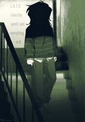  1girl arms_at_sides buntienney clenched_hands copyright_name covered_face english_text full_body highres long_hair long_sleeves marina_kaplan pants signature solo stairs sweater z.a.t.o._//_i_love_the_world_and_everything_in_it 
