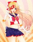  1girl aino_minako bad_id bishoujo_senshi_sailor_moon blonde_hair blue_sailor_collar bow choker cropped_legs elbow_gloves feet_out_of_frame female gloves hair_bow hair_ribbon holding katou_sami legs long_hair looking_at_viewer magical_girl mask midriff miniskirt navel one_eye_closed open_mouth pink_bow pleated_skirt red_bow ribbon sailor_collar sailor_v sailor_venus school_uniform serafuku short_sleeves skirt smile solo star two-tone_skirt white_gloves wink 
