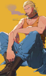  1boy bare_shoulders blonde_hair blue_pants boots brown_boots cigar commentary facial_hair goggles goggles_around_neck hair_slicked_back highres male_focus one_piece pants paruma_umu paulie_(one_piece) short_hair sitting solo sweat tank_top twitter_username untranslatable_commentary yellow_background yellow_tank_top 