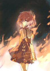  1girl blue_eyes breasts chinese_commentary coat commentary_request cyrene_(honkai:_star_rail) cyrene_(philia093)_(honkai:_star_rail) fire hair_ornament highres honkai:_star_rail honkai_(series) kazamachiko looking_at_viewer medium_hair pink_hair purple_coat small_breasts solo 