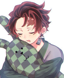  1boy chromatic_aberration closed_eyes commentary_request drooling earrings hanafuda_earrings highres holding holding_stuffed_toy jewelry kamado_tanjirou kimetsu_no_yaiba male_focus omutarou partial_commentary red_hair short_hair simple_background sleeping solo stuffed_animal stuffed_toy upper_body white_background 