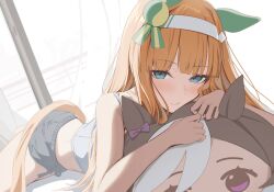  1girl absurdres animal_ears blue_eyes blunt_bangs blush camisole character_doll commentary_request curtains doll dolphin_shorts glass_door grey_shorts highres horse_ears horse_girl horse_tail looking_at_viewer lying on_stomach orange_hair shorts silence_suzuka_(umamusume) sliding_doors smile solo special_week_(umamusume) tail umamusume vami white_camisole 