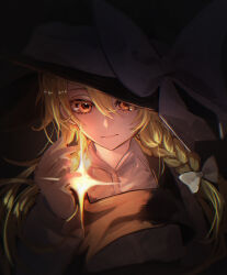  1girl absurdres black_vest blonde_hair braid closed_mouth collared_shirt commentary dark_background glowing hair_between_eyes hair_ribbon hand_up hat hat_ribbon highres kirisame_marisa light_smile looking_at_viewer ribbon sakura_gohaan shirt side_braid solo tearing_up touhou vest white_shirt witch_hat yellow_eyes 