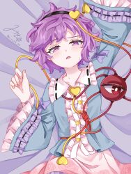  1girl absurdres black_hairband blue_shirt blush buttons collared_shirt commentary_request disembodied_linked_eye eyeball floral_print frilled_shirt_collar frilled_sleeves frills hair_ornament hairband heart heart_button heart_hair_ornament highres komeiji_satori long_sleeves looking_at_viewer lying mito_(fate) on_back pink_skirt print_skirt purple_hair ribbon-trimmed_collar ribbon_trim rose_print shirt short_hair signature skirt solo sweatdrop touhou twitter_username violet_eyes wide_sleeves 