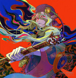  1boy absurdres arm_up bandana bell bishounen blonde_hair blue_eyes cape closed_mouth commentary facepaint floating_cape floating_clothes highres holding holding_sword holding_weapon japanese_clothes kusuriuri_(mononoke) long_hair long_pointy_ears long_sleeves looking_at_viewer male_focus micho mononoke pointy_ears purple_bandana solo sword upper_body watermark weapon wide_sleeves 