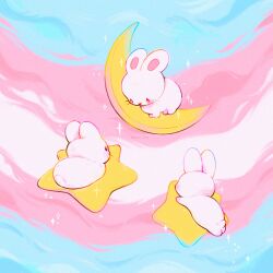  animal animal_focus artist_name blue_background blush_stickers commentary crescent_moon english_commentary film_grain flag_background highres lgbt_pride looking_at_animal looking_down moon no_humans original pink_background procreate_(medium) rabbit red_eyes solid_oval_eyes sonshine_arts sparkle star_(symbol) striped_background transgender_flag whiskers white_background white_rabbit_(animal) 