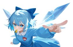  1girl absurdres blue_bow blue_dress blue_eyes blue_hair bow chinese_commentary cirno closed_mouth commentary_request double-parted_bangs dress hair_between_eyes hair_bow hair_intakes highres ice ice_wings kindergarten_uniform name_tag outstretched_arm pointing short_hair sidelocks simple_background solo touhou upper_body v-shaped_eyebrows whistle white_background wings youxi'an_de_fan 