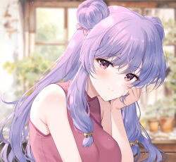  1girl awayuki_ramika bell blush bow commentary_request double_bun hair_bell hair_bow hair_bun hair_ornament hand_rest highres long_hair looking_at_viewer pink_bow plant potted_plant purple_hair ranma_1/2 red_eyes shampoo_(ranma_1/2) sidelocks smile window 