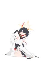  1girl absurdres black_hair blue_archive blush breasts bridal_gauntlets broken_horn commentary_request detached_sleeves earrings folded_fan folding_fan halo hand_fan highres holding holding_fan hoop_earrings horns japanese_clothes jewelry kimono korean_commentary large_breasts looking_at_viewer multicolored_horns niya_(blue_archive) one_eye_closed open_mouth orange_horns sancherry short_hair sideless_kimono simple_background single_bridal_gauntlet sleeveless sleeveless_kimono smile solo unusually_open_eyes white_background white_kimono wide_sleeves 