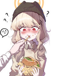  1boy 1girl ? absurdres aoba_(blue_archive) aoba_(mom's_touch)_(blue_archive) black_hat blonde_hair blue_archive blush burger collared_shirt commission doodle_sensei_(blue_archive) embarrassed feeding food food_wrapper french_fries hair_ornament hairclip halo hat highres holding holding_burger holding_food kongaru_123 long_hair official_alternate_costume pixiv_commission red_hair sensei_(blue_archive) shirt simple_background solo_focus white_background yellow_halo 