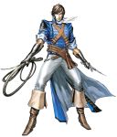  boots brown_hair castlevania castlevania:_rondo_of_blood cravat cross dagger gloves highres kojima_ayami official_art richter_belmondo short_hair solo traditional_media weapon whip 