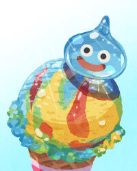  :d blue_background commentary_request dragon_quest food_focus gradient_background highres ice_cream_cone light_rays miclot no_humans on_food slime_(dragon_quest) smile solo waffle_cone white_background 