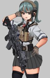  1girl assault_rifle belt black_thighhighs bulletproof_vest cowboy_shot grey_background grey_hair grey_skirt gun headphones highres hinata_natsumikan military necktie original ponytail red_necktie rifle shirt short_ponytail simple_background skirt solo straight-on tactical_clothes tactical_gloves thigh-highs weapon weapon_request white_shirt 