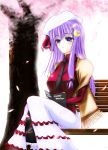  alternate_costume bench blue_eyes book cherry_blossoms contemporary crescent crescent_moon dress frills hair_ornament hat hat_ribbon hazuki_rui highres long_hair patchouli_knowledge petals purple_hair ribbon scarf sitting solo touhou tree 