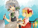  aenobas apron ascot blonde_hair blue_eyes bow braid closed_eyes comic cooking curry eyes_closed flandre_scarlet food hair_bow hammer_(sunset_beach) hat izayoi_sakuya maid maid_headdress multiple_girls plate pot side_ponytail silent_comic silver_hair smile touhou twin_braids wings 