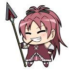  :d blush chibi closed_eyes eyes_closed grin hand_on_hip hips long_hair lowres magical_girl mahou_shoujo_madoka_magica mouth_hold open_mouth pocky polearm ponytail red_hair redhead sakura_kyouko smile solo spear tegakifuni weapon 