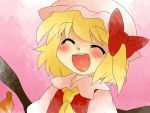  :d aenobas ascot blonde_hair bow closed_eyes comic dress eyes_closed flandre_scarlet hair_bow hammer_(sunset_beach) happy hat open_mouth side_ponytail silent_comic smile solo teeth the_embodiment_of_scarlet_devil touhou 