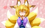  aburaage animal_ears blonde_hair blue_dress blush bust closed_eyes dress ear_twitch ear_wiggle eating eyes_closed food fox_ears fox_tail happy_tears heart highres kazami_karasu multicolored_dress multiple_tails no_hat no_headwear short_hair smile solo tail tears touhou white_dress yakumo_ran 