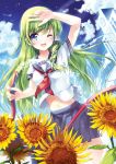  alternate_costume blue_eyes contemporary flower green_hair hair_ornament hose kochiya_sanae long_hair miyase_mahiro nature navel outdoors school school_uniform serafuku skirt snake solo sunflower touhou water wink 