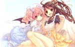  2girls :d absurdres ahoge artist_request bed_sheet bracelet brown_hair copyright_request demon_wings dress frills green_eyes hair_ornament hair_ribbon hairclip highres jewelry long_hair multiple_girls open_mouth pink_hair purple_eyes ribbon smile source_request twintails wings yashiro_seika 